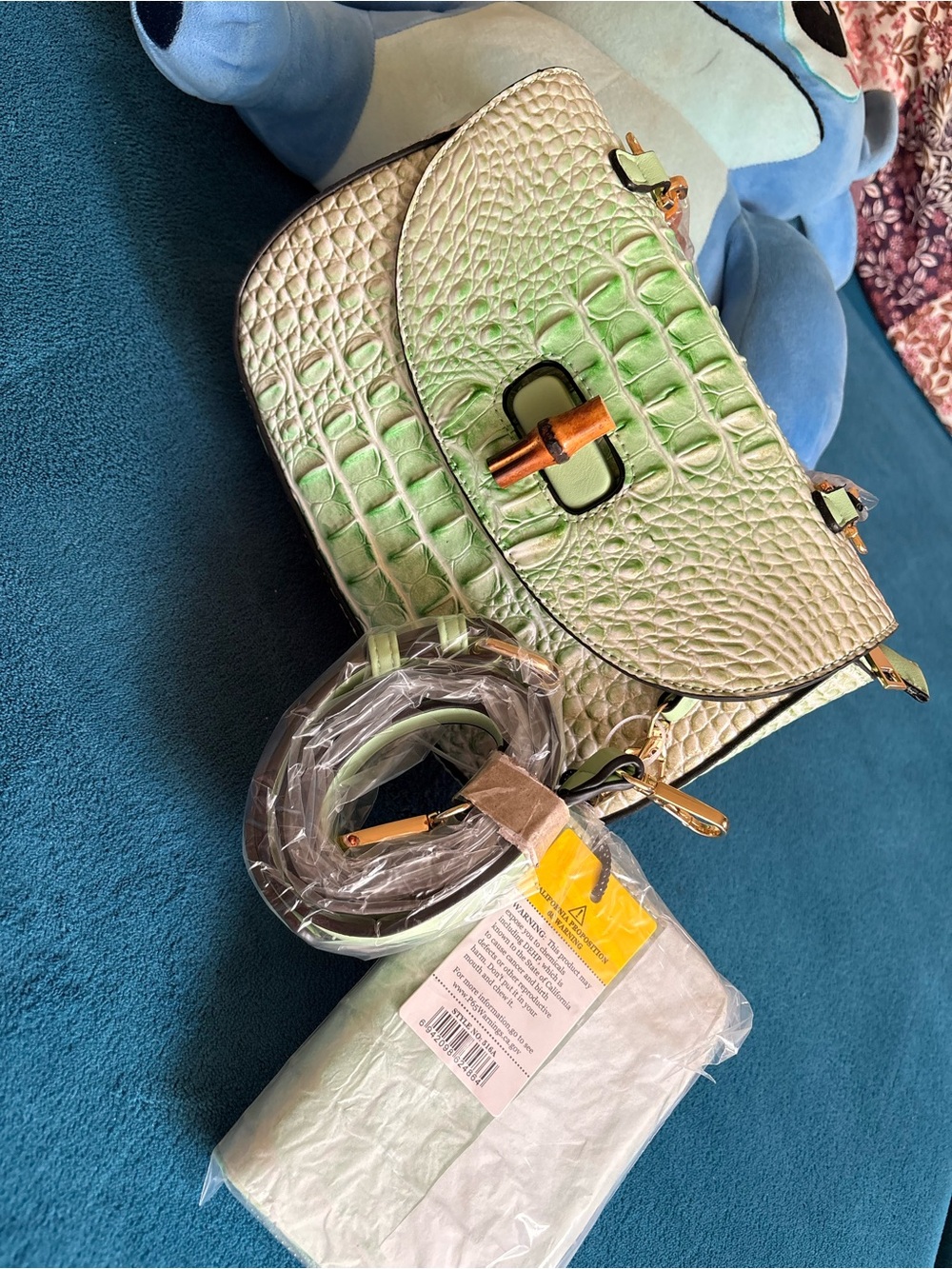Vintage Mint Green Croc-Embossed Satchel with Bamboo Handle